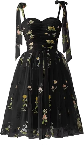 Miniatura 13 de Fivsole Vestido corto con bordado de flores para adolescentes, vestido de tul con tirantes delgados, mini formal, cóctel, fiesta de noche, vestidos