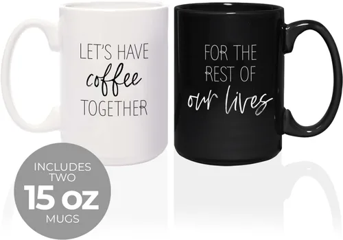 Miniatura 6 de Let's Have Coffee Together For The Rest Of Our Lives - Tazas a juego / 2 tazas de cerámica grandes de 15 onzas de color blanco y negro / juego