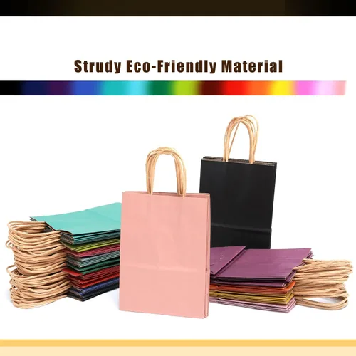 Miniatura 4 de qiqee Bolsas grandes de papel kraft con asas de 13 x 10 x 5 pulgadas, 32 bolsas de papel de regalo, bolsas de color sólido rosa brillante