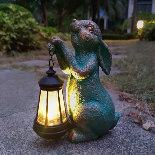 Miniatura 2 de JOYBEE - Estatuas de jardín de conejo con linterna solar para decoración al aire libre, figuras solares de conejo, decoraciones de luces para patio