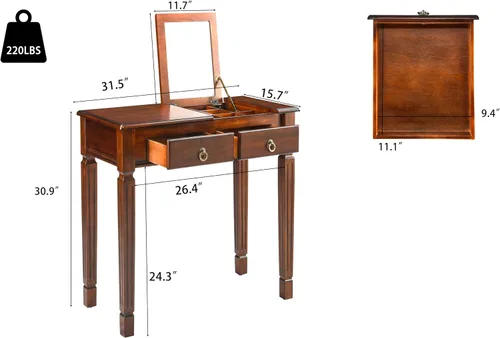 Miniatura 3 de Escritorio pequeño con juego de taburetes, mesa de tocador de maquillaje con espejo abatible y taburete tapizado, tocadores de madera maciza con 2