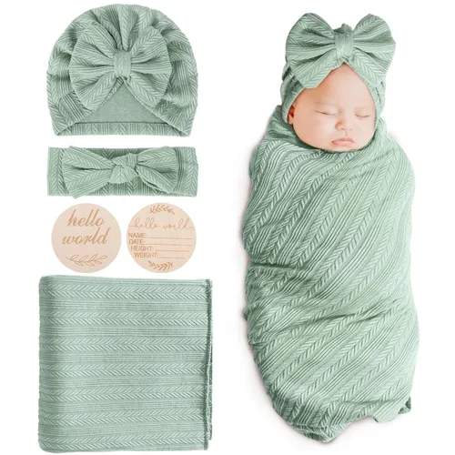 Miniatura 23 de DRESHOW BQUBO Mantas envolventes para bebés niñas, juego de 4 accesorios para recién nacidos con gorro a juego y cinta con moño con tarjeta de 1