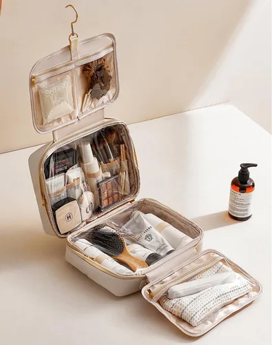 Miniatura 8 de EACHY Bolsa de Aseo Colgante de Viaje, Organizador de Maquillaje de Cuero PU con 4 Compartimentos Impermeable Tamaño Completo Artículos Esenciales