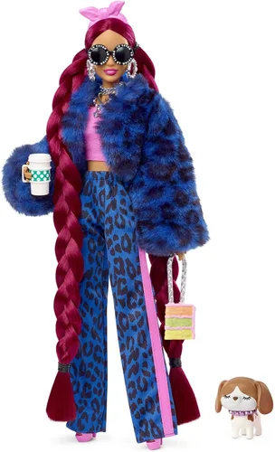 Barbie Muñeca extra y accesorios con trenzas burdeos vestidas con chaqueta peluda con cachorro de mascota