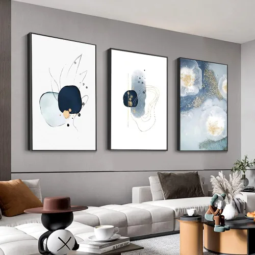 3 Lienzos Abstractos Enmarcados para Pared, Arte en Azul, Blanco y Gris, Simple y Elegante para Decoración de Sala de Estar, Dormitorio y Oficina