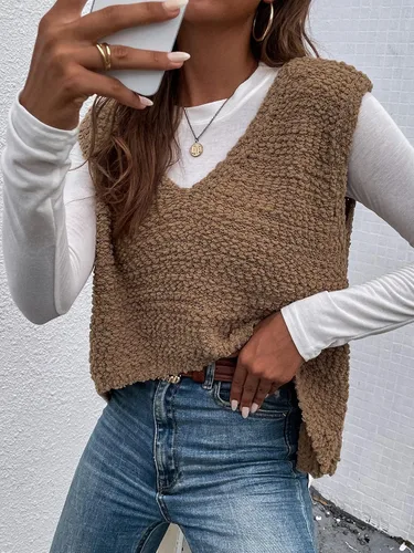 Miniatura 5 de Floerns Chaleco de punto vintage con cuello en V y dobladillo bajo en la espalda para mujer