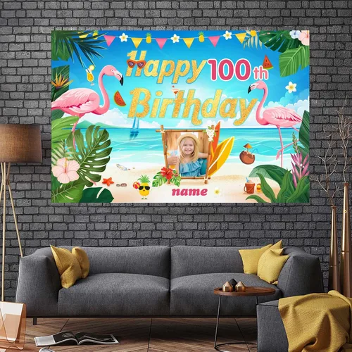 Miniatura 7 de Cartel de decoración de feliz cumpleaños número 100 personalizable con flamencos, playa, trópicos, Hawái y tema de verano, tamaños grandes