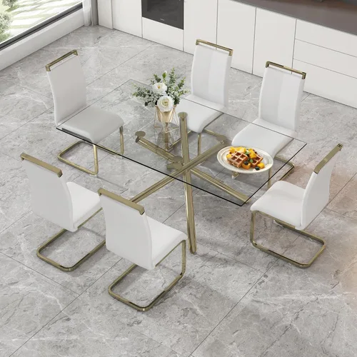Miniatura 39 de Juego de 8 mesas de comedor de cristal, moderno juego de mesa de comedor de 71 pulgadas con 8 sillas de comedor tapizadas de piel sintética