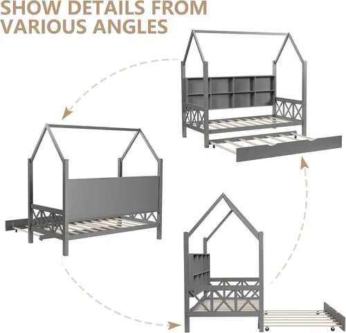 Miniatura 7 de Cama Full House con nido y estante de almacenamiento para niños, marco de cama de madera tamaño full con barandillas del techo y cabecero