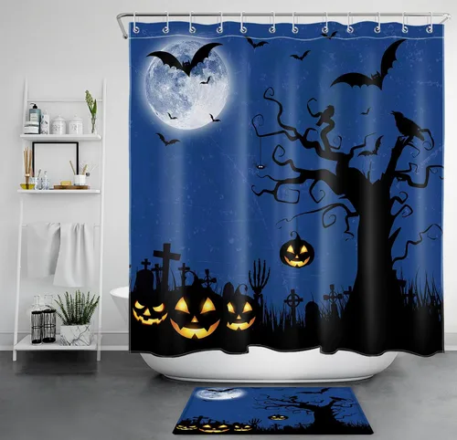 Miniatura 7 de EOBTAIN Cortina de ducha de cielo nocturno azul de Halloween para baño, espeluznante calabaza y murciélago en árbol muerto en cementerio aterrador