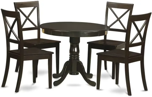 East West Furniture ANBO5-CAP-W - Juego de mesa de cocina de 5 piezas para 4 personas, incluye una mesa de comedor redonda con pedestal y 4 sillas