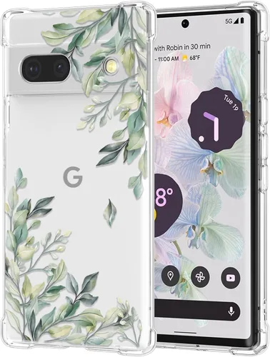 RALEAVO - Funda floral para Google Pixel 7a, funda transparente con hojas y flores, diseño delgado y lindo para niñas y mujeres, cubierta de Verde