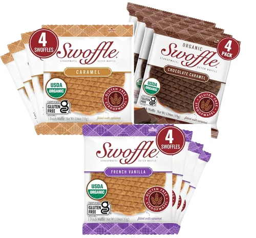 Miniatura 14 de Stroopwafels Orgánicos Certificados Sin Gluten de Swoffle - Relleno de Caramelo (16) Obleas de 1.16oz Sin OGM, Sin Trigo, Kosher, Sin Soja y Sin