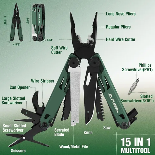 Miniatura 3 de FLISSA Multiherramienta, cuchillo de bolsillo multiherramienta 15 en 1 con funda, alicates multiherramienta EDC de acero inoxidable para hombres