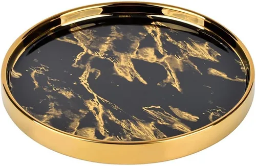 Miniatura 6 de Bandeja decorativa negra redonda pequeña – Plato de joyería con aspecto de mármol, organizador de perfumes, bandeja de maquillaje para tocador, Negro