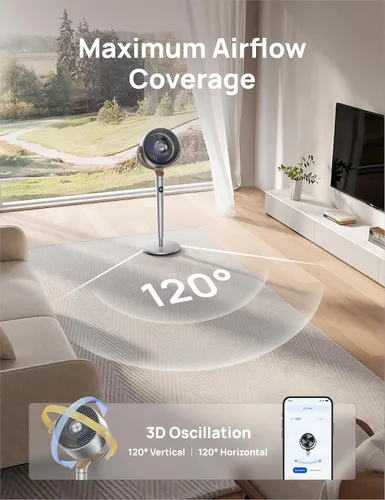 Miniatura 6 de Dreo Ventiladores inteligentes para dormitorio, ventilador oscilante omnidireccional de 120° + 120°, ventilador de pedestal silencioso de 90 pies