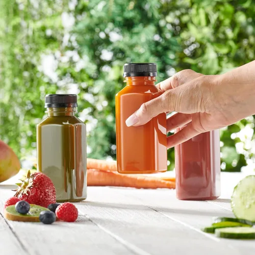 Miniatura 3 de GUSTO 25 botellas de jugo de plástico reutilizables con tapas, etiquetas, cepillo y embudo de silicona, botellas de plástico transparente con tapas