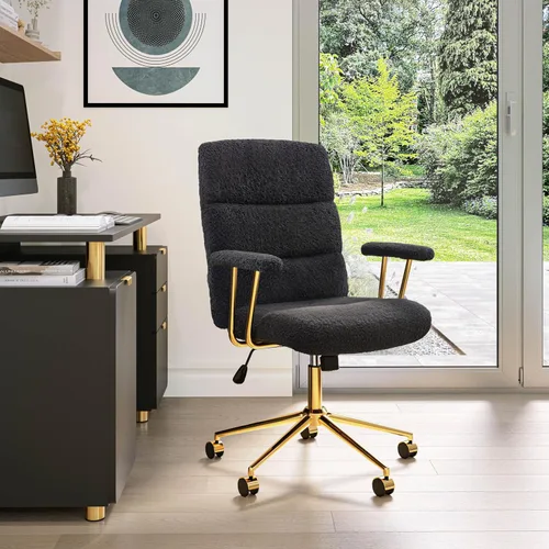 Miniatura 5 de Elegante silla de oficina negra y dorada con tela texturizada Boucle, moderna silla de escritorio con asiento acolchado, altura ajustable con base