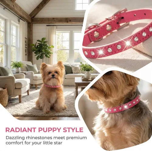 Miniatura 2 de Collar de Perro de Cuero de Gamuza con Pedrería de Cristal Diamante Colorido Brillante para Cachorras y Gatos Collares XS Mascotas Pequeñas