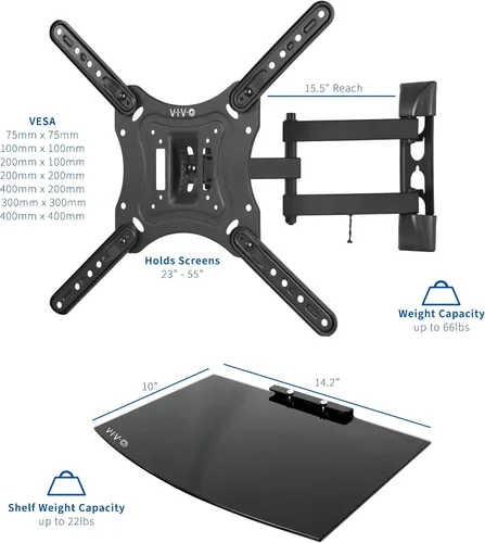 Miniatura 2 de VIVO Soporte de pared para TV de pantalla de 23 a 55 pulgadas con inclinación ajustable y estante de entretenimiento, AV flotante, estantería DVD
