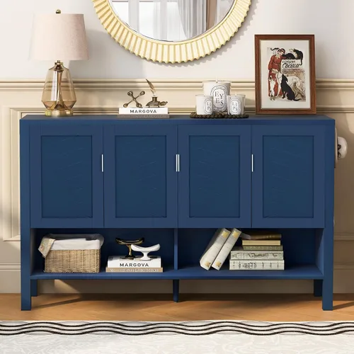Miniatura 20 de Virubi Armario de buffet acanalado de 63 pulgadas con almacenamiento, puertas y estantes ajustables, mesa consola curva de madera con Azul marino