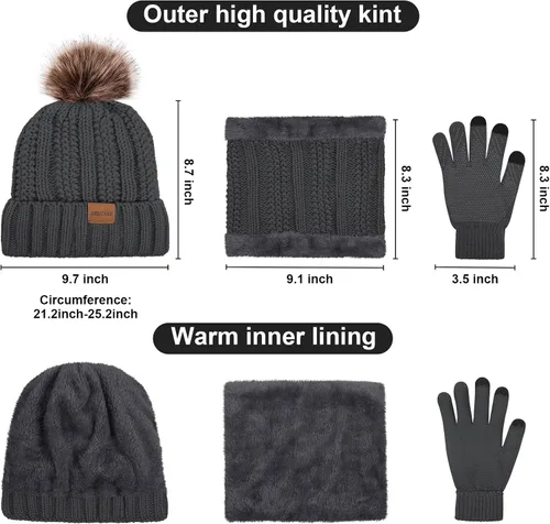 Miniatura 2 de Conjunto de gorro y bufanda de invierno para mujer, 3 piezas, grueso y cálido, gorro de calavera, guantes para pantalla táctil