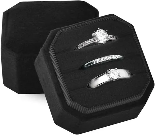 NIMSIN Caja de terciopelo para anillos de alta calidad para ceremonia de boda con tapa desmontable, elegante y bonita caja para anillos de boda, 3