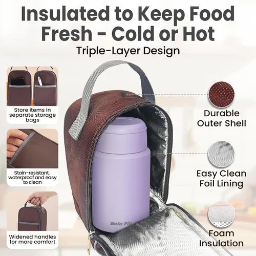 Miniatura 6 de Paquete de 2 termos de sopa para comida caliente para adultos, tarro de comida aislado, recipientes térmicos al vacío de acero inoxidable con bolsa
