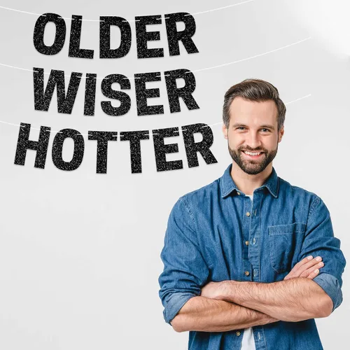 Miniatura 8 de Cartel preencordado de Older Wiser Hotter - No DIY - Cartel negro para fiesta de feliz cumpleaños con purpurina - Guirnalda preencordada en hebras