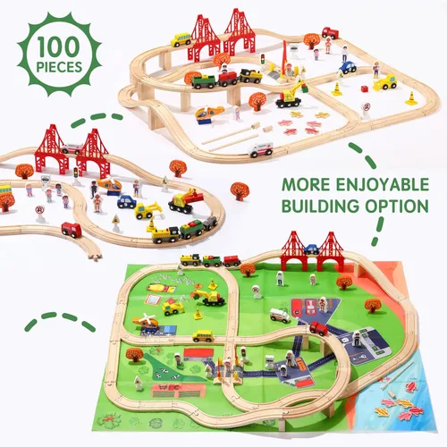 Miniatura 3 de Juego de 100 pistas de tren de madera, tren de juguete con pistas para niños de 3 a 10 años, compatible con las principales marcas, juego