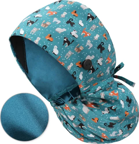 Miniatura 14 de QBA Gorra de trabajo ajustable con botón, gorro forrado de satén, gorro de trabajo de algodón, banda elástica para atar en la espalda, unisex Pt