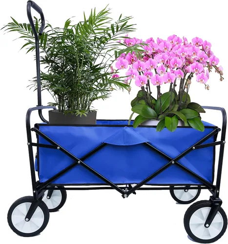 Carro de lona con ruedas plegable, plegable, plegable, para todo terreno, para exteriores, campamento, playa, jardín, comestibles (azul)