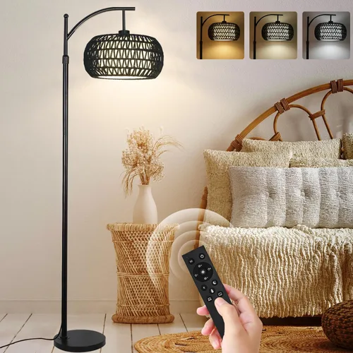 Miniatura 11 de Lámpara de pie dorada para sala de estar con 3 temperaturas de color, lámparas de pie bohemias de arco con control remoto, lámpara de pie de ratán