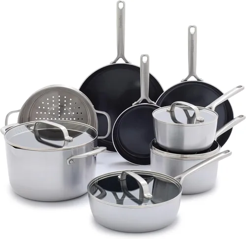 GreenPan GP5 Vista - Juego de ollas y sartenes de acero inoxidable de 5 capas de 12 piezas, cerámica saludable antiadherente sin PFAS, inducción,