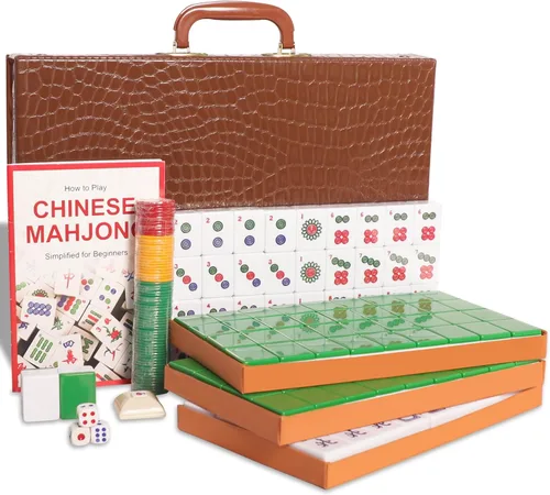 Juego de mahjong chino, juego de mahjong con 146 azulejos grandes numerados (1.5 pulgadas, verde), juego de azulejos Mahjong con estuche de Set