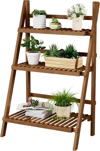 Miniatura 14 de OAKVIVO - Estantería de escalera plegable de 39.4", Estantería de bambú de 3 niveles, para macetas, estante de exhibición en forma de escalera