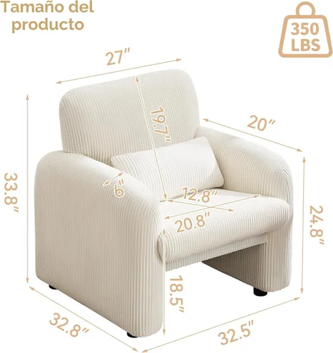 Miniatura 2 de WUTUTUEE Silla decorativa de tela de pana, sillas tapizadas modernas para sala de estar con almohada lumbar, sillón ancho y cómodo para dormitorio