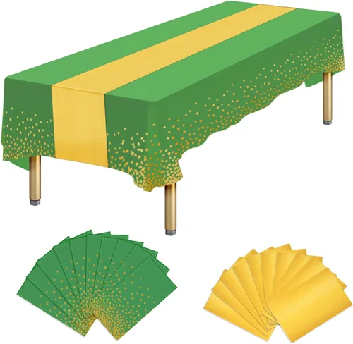 Miniatura 10 de Paquete de 10 manteles rectangulares de plástico y camino de mesa de satén, mantel desechable negro rectangular y dorado para cumpleaños