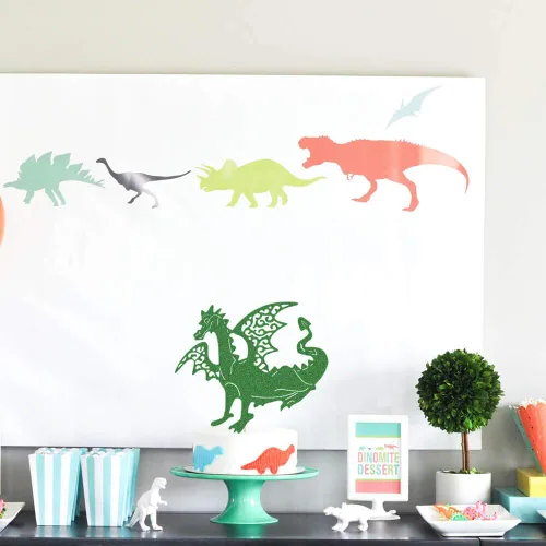 Miniatura 3 de Decoración de pastel de dragón, decoración de pastel de fiesta de cumpleaños de dinosaurio, dinosaurio jurásico de la selva T-Rex rugido feliz