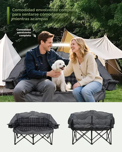 Miniatura 4 de Silla de campamento doble acolchada, sofá de campamento de gran tamaño para 2 personas con bolsa de transporte 2 en 1, silla de césped plegable Gris