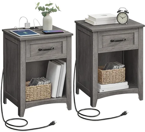 Miniatura 9 de VASAGLE Colección LIRY - Mesita de noche de estilo granja con estación de carga, mesita de noche, mesa auxiliar con 3 cajones, para dormitorio