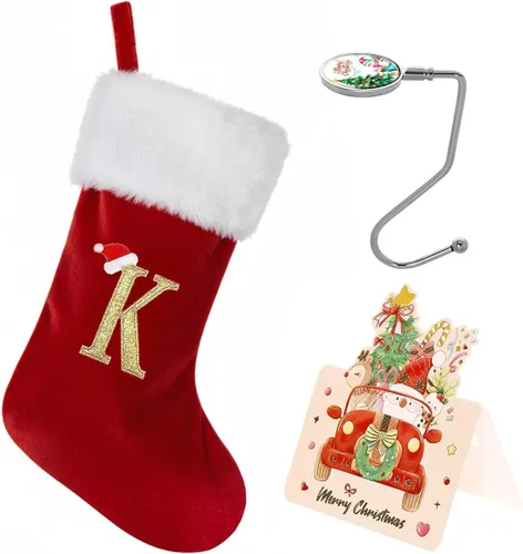 Miniatura 12 de Calcetines de Navidad personalizados con monograma, con inicial familiar, 20 pulgadas, puño de felpa blanca supersuave con cuerpo de terciopelo rojo