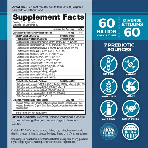 Miniatura 2 de Vital Planet - Probiótico Vital Flora Ultra Daily 60 mil millones de UFC, diversas cepas, prebióticos orgánicos, apoyo inmunológico, alivio