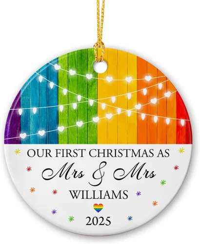 Miniatura 9 de All for Love - Adorno de cerámica LGBT arcoíris para Navidad 2025, adorno de Navidad personalizado para parejas, orgullo gay/lesbiano, adorno