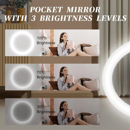 Miniatura 5 de Kakuje Espejo compacto con luz, espejo de bolsillo LED de aumento 1X/3X con cable de datos USB, mini espejo para bolso, bolsillo, viaje y regalo