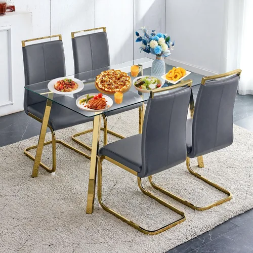 Miniatura 15 de Juego de mesa de comedor de cristal para 4, mesa rectangular con 4 sillas de cocina de cuero gris, juego de comedor de cocina de 51 pulgadas, mesa 4