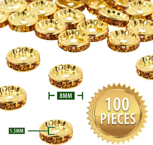 Miniatura 2 de Mandala Crafts Cuentas espaciadoras de metal con diamantes de imitación para hacer joyas, bolígrafos de cuentas – 100 cuentas de cristal Rondelles