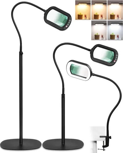 Lupa rectangular 10X con luz y soporte, lámpara de pie flexible de 24 pulgadas de cuello de cisne 3 en 1, 5 modos de color regulable continuo, lupa