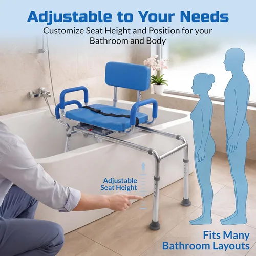 Miniatura 8 de Banco de transferencia deslizable para ducha con asiento giratorio Carousel, bariátrico, acolchado premium con apoyabrazos giratorios, alta