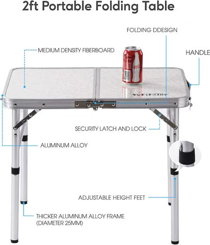 Miniatura 3 de Mesa de campamento plegable pequeña, 24 pulgadas de largo x 16 pulgadas de ancho con patas de altura ajustable, mesa de comedor de aluminio ligera